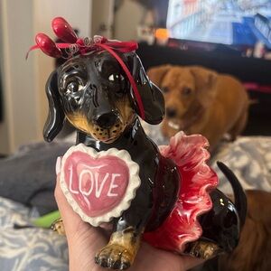 BLUE SKY CLAYWORKS Ceramic Dachshund Figurine with Heart and Red Bow